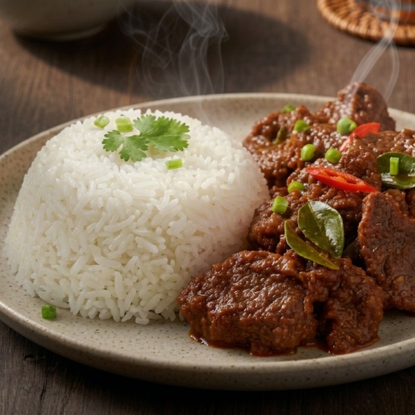 Nasi Putih Daging Rendang